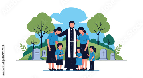 Canvas Print Flat style vector illustration of a pastor offering comfort and spiritual support to a family during a funeral service