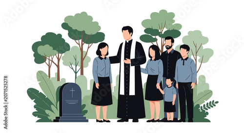 Canvas Print Flat style vector illustration of a pastor offering comfort and spiritual support to a family during a funeral service