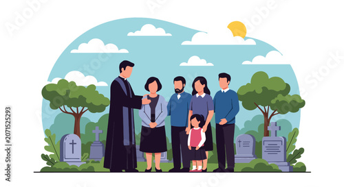 Photography Flat style vector illustration of a pastor offering comfort and spiritual support to a family during a funeral service