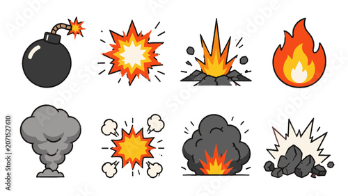 Schilderij op canvas Explosion and fire line icon set with bomb smoke and blast