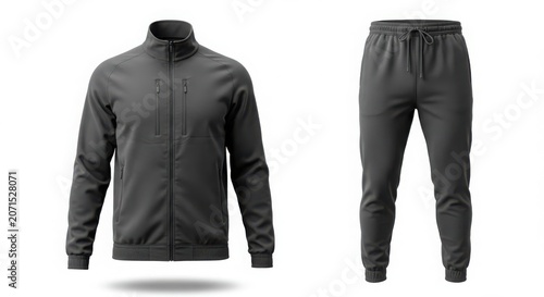 Modern dark gray tracksuit set with zippered jacket and drawstring pants