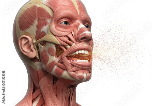 Anatomical head muscles with glittering particles emitting from mouth