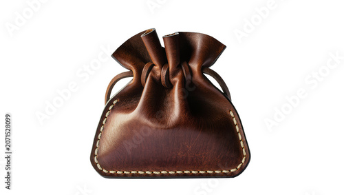 Brown leather drawstring pouch with white stitching, isolated on transparent background