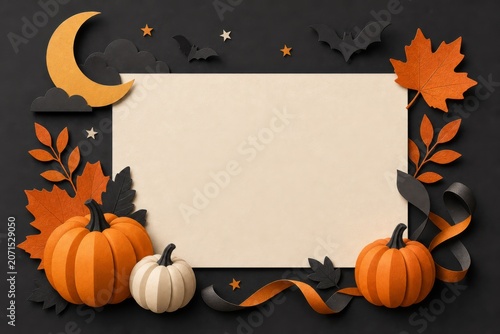 Paper cut Halloween invitation background with blank cream card, pumpkins, bats, ribbon curls, autumn leaves and moon accents on dark paper.
