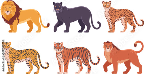 Canvas Print Collection of six cartoon illustrations of big cats including lions, tigers, and