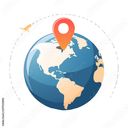 Flat vector illustration of globe with location pin and airplane
