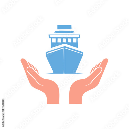 Hands holding a cruise ship flat vector illustration