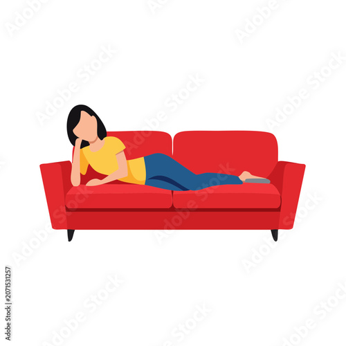 Woman lying on red sofa in flat vector style