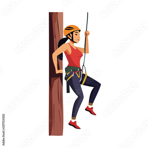 Woman rock climbing with safety gear, flat vector illustration