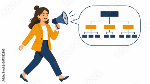 Woman with megaphone and organizational chart illustration.