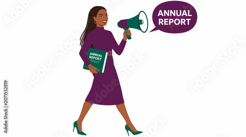 Businesswoman holding megaphone and annual report.