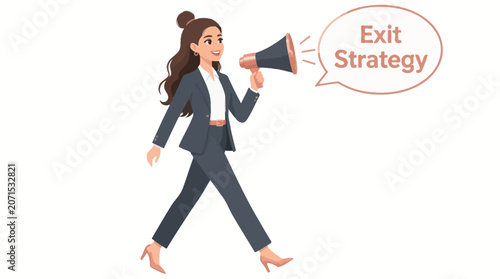 Businesswoman announcing exit strategy with megaphone.