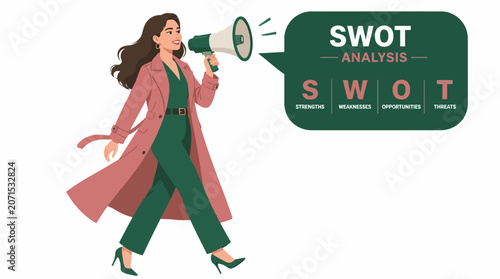 Woman in pink coat holding megaphone for SWOT analysis.