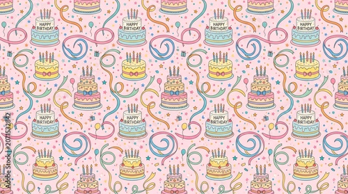 Seamless pattern background featuring cute birthday cakes, colorful ribbons, and confetti on a soft pink surface, ideal for wrapping paper, party invitations, greeting cards, and fabric prints