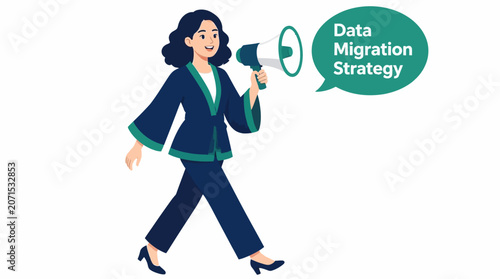 Businesswoman announcing data migration strategy with megaphone.