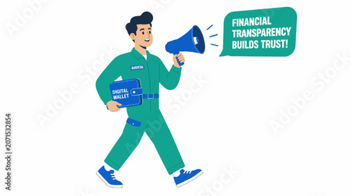 Cartoon character holding megaphone and folder with financial transparency sign.