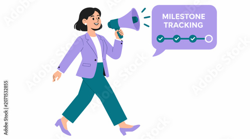 Woman holding megaphone with milestone tracking speech bubble.