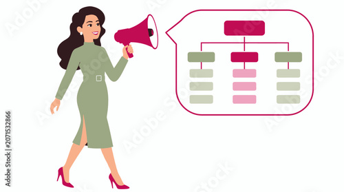 Woman in green dress holding megaphone with chart graphic.