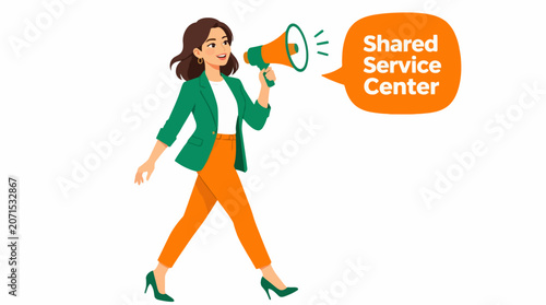 Woman with megaphone promoting shared service center.