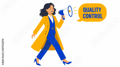 Confident woman in yellow coat holding megaphone for quality control.