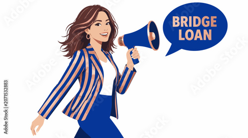 Businesswoman announcing bridge loan with megaphone.