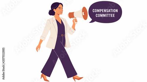 Businesswoman holding megaphone with compensation committee text.