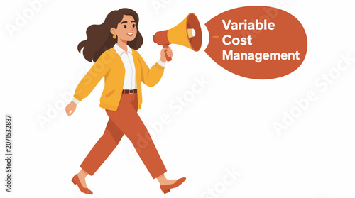 Woman holding megaphone for variable cost management concept.
