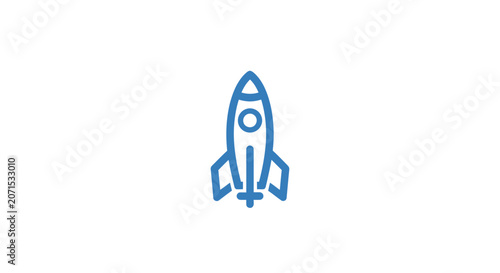 A simple blue line art icon of a rocket ship isolated on a white background