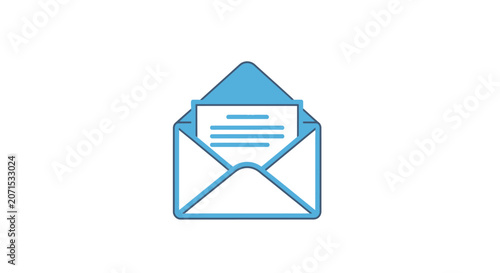 A simple blue line art illustration of an open envelope with a letter inside