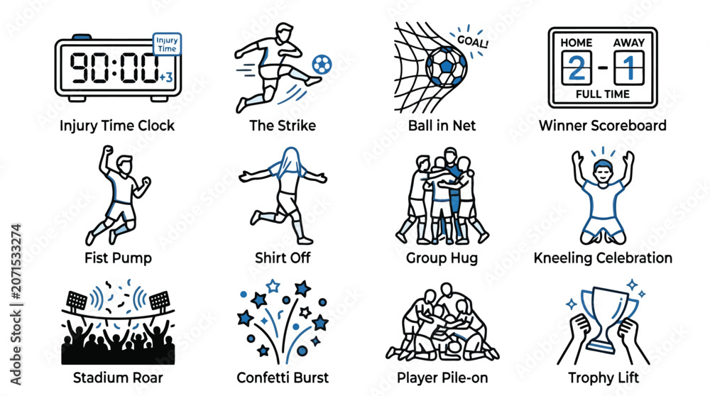 Fototapeta premium Football match victory celebration and goal scoring outline icons set