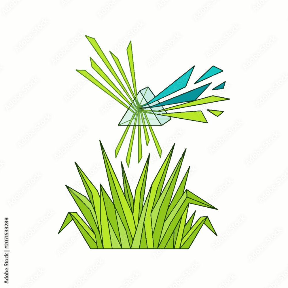 Naklejka premium Abstract geometric illustration of a glass prism refracting light over green grass blades.
