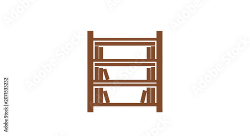 A simple brown wooden bookshelf filled with various books on white background