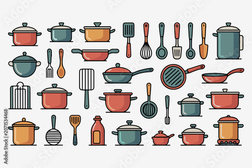 Kitchenware collection including various cooking pots pans spatulas and utensils with cookware restaurant equipment culinary gastronomy