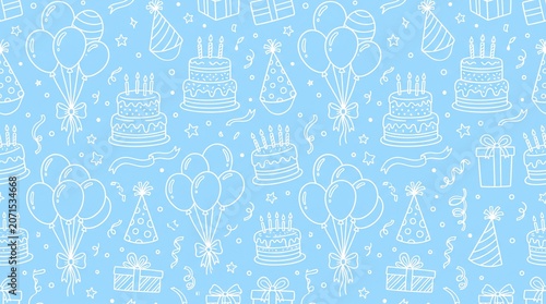 Cute hand drawn birthday pattern with white line art of tiered cakes, balloons, gift boxes, and party hats on a light blue background, ideal for festive party invitations and wrapping paper designs.