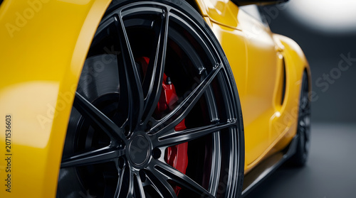 Low angle extreme close up of a glossy black alloy wheel on a vibrant yellow modern supercar in a showroom