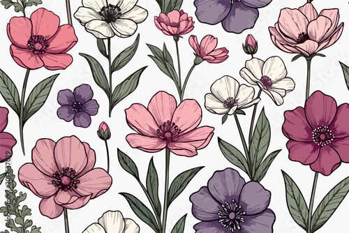 Seamless floral pattern with hand drawn colorful wildflowers and botanical elements on white background botanical wildflower blooming