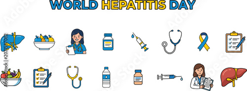Foto World hepatitis day healthcare icon set, medical campaign cartoon characters and
