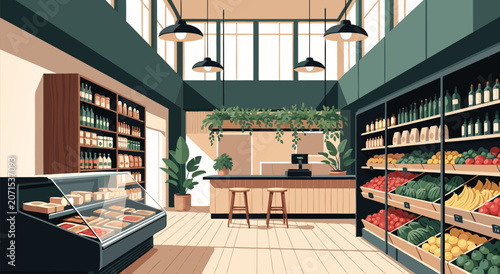 Fotografía Modern Grocery Store Interior Flat Vector Illustration Design for Retail and Mar