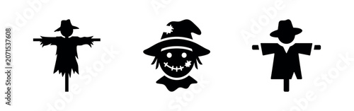 Quadro su tela Scarecrow Icons Set - Autumn Harvest Decoration Symbols and Farm Protection Grap
