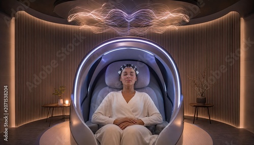 Woman Relaxing In Futuristic Meditation Pod