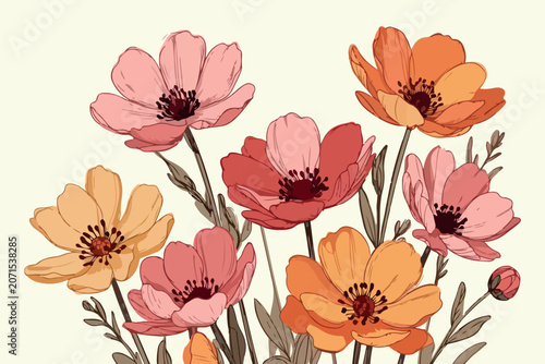 Floral bouquet illustration with blooming wildflowers and hand drawn botanical plants botanical wildflower blooming illustration handdrawn