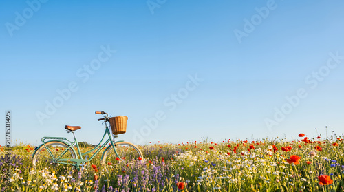 Charming retro bicycle with a wicker basket parked in a sunny meadow full of blooming wildflowers