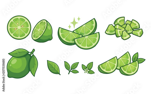 Fresh lime slices and citrus wedges set for healthy food and drink ingredient collection with ingredient garnishing cocktail beverage