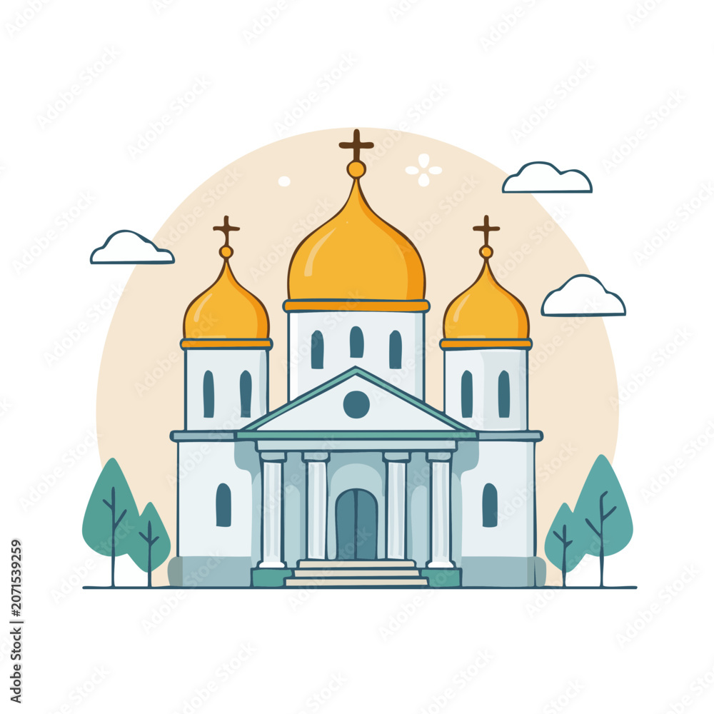 Fototapeta premium Flat illustration of an orthodox church with golden domes