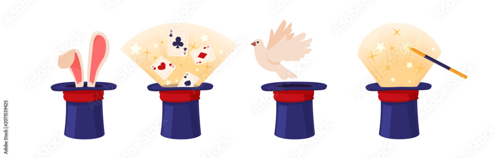 Naklejka premium Magic hats with hare ears stick out, flying out dove bird and shiny playing cards vector cartoon illusionist focus trick