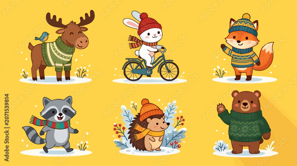 Fototapeta premium Cute Cartoon Winter Animals in Cozy Sweaters and Hats, Flat Design Vector Illustration Set - Moose, Rabbit on Bicycle, Fox, Raccoon, Hedgehog, Bear
