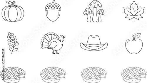 Autumn harvest icons including pumpkin acorn mushrooms maple leaf berries turkey hat and pies