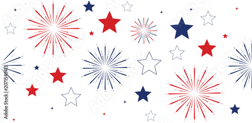 Red blue stars and fireworks pattern with white background for celebration and patriotic themes