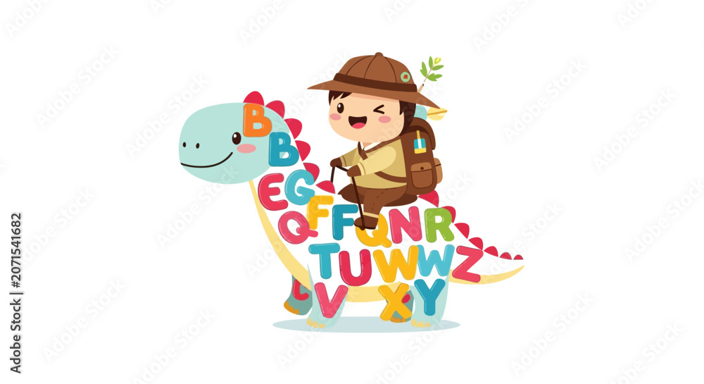 Naklejka premium Child Riding Colorful Alphabet Dinosaur.