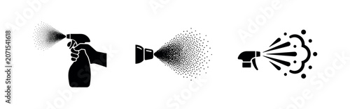 Cuadro en lienzo Set of three black spray bottle icons, illustrating a hand holding a sprayer and